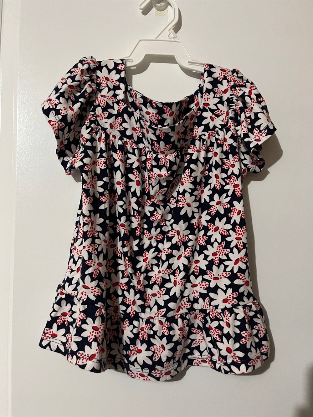 Crewcuts Navy Floral Cap-Sleeve Blouse with Red & White Flowers